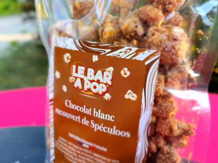 Popcorn artisanal  Enrobé de chocolat Blanc recouvert de Spéculoos - 100g