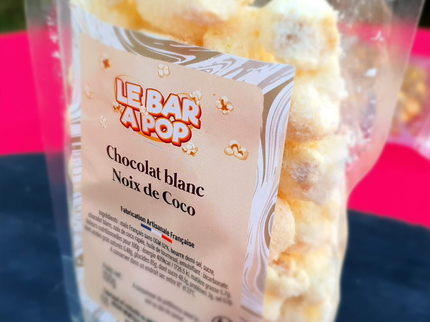 Popcorn artisanal  Noix de Coco Enrobé de chocolat blanc et Coco râpé - 100g