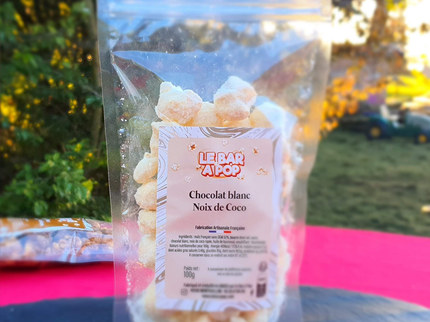 Popcorn artisanal  Noix de Coco Enrobé de chocolat blanc et Coco râpé - 100g