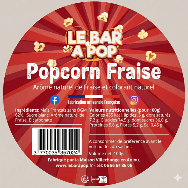 Pop-corn "Arôme naturel de FRAISE" - Pot de 100g