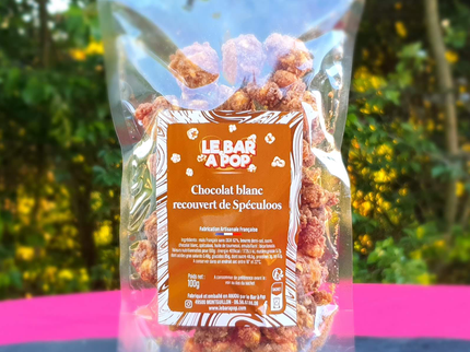 Popcorn artisanal  Enrobé de chocolat Blanc recouvert de Spéculoos - 100g